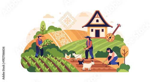 Traditional Farming Family Working on Rural Sustainable Farm Landscape with Goats and Folk Culture Motifs.