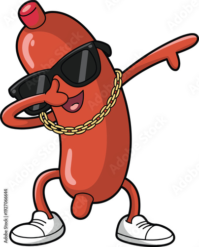 Cool hot dog cartoon character doing dab dance wearing sunglasses and gold chain vector illustration funny food mascot design