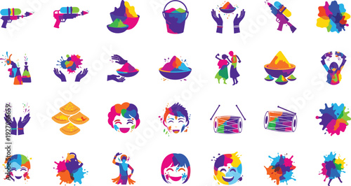 Vibrant Holi festival icons with colorful powder and water guns