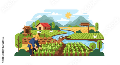 Flat Vector Illustration of Asian Farmer Working in Rice Field. Idyllic Rural Farm Landscape, Agriculture, and Sustainable Living Scene.