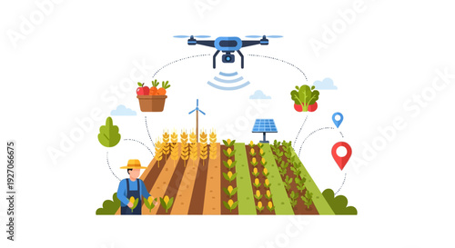 Smart Farming Technology: Drone Monitoring Crops, GPS Location, and Data Analysis for Precision Agriculture and Sustainable Food Production Concept