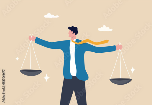 Comparison advantage and disadvantage, integrity or honest truth, pros and cons or measurement, judge or ethical, decision or balance concept, businessman comparing scale to be equal, fair measuring