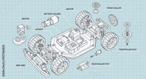Detailed technical illustration of a disassembled vehicle chassis, showing components.