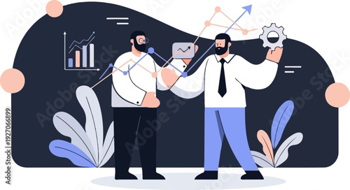 Two men collaborate on a project, analyzing charts and data with a gear symbol representing strategy