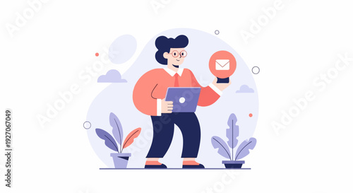 Person holding a laptop and a lightbulb with an envelope symbol, surrounded by plants and abstract shapes