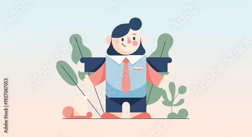 Stylized figure in business attire with outstretched arms amidst abstract foliage
