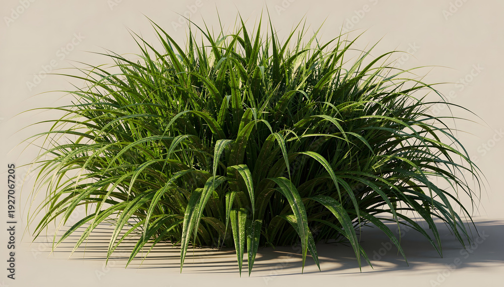 Obraz premium Lush vibrant green ornamental grass bush with long slender leaves, casting soft shadows against a warm neutral background, capturing natural beauty and growth
