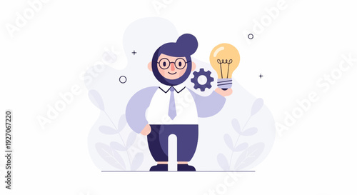 Bearded man in glasses holds a light bulb and gear, symbolizing a new idea