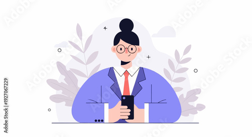 A person in a suit and tie holds a smartphone, with stylized plants in the background