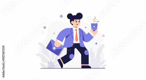 Business professional with a briefcase and coffee cup walking briskly
