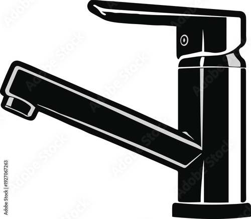 Minimalist metal water tap faucet vector sticker, bold black thick clean outline, pure white background, isolated object
