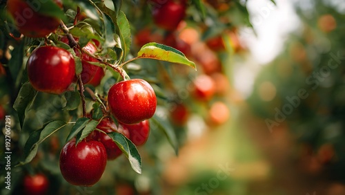A detailed close up shot of ripe red apples hanging from green leafy branches in a sunlit countryside orchard, showcasing agricultural beauty and autumn harvest colors.