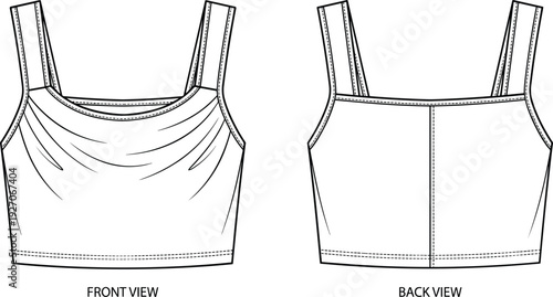 Sleeveless crop top technical fashion illustration, front and back garment design with ruched neckline, fitted silhouette, apparel motifs