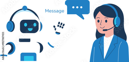 Customer support chatbot and female operator with headset vector illustration online service communication message assistance concept modern flat design
