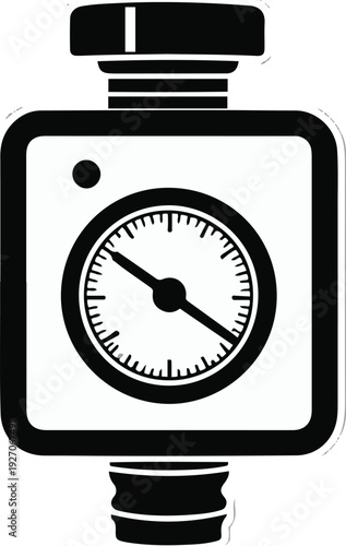 Minimalist water meter device vector sticker, bold black thick clean outline, pure white background, isolated object 1