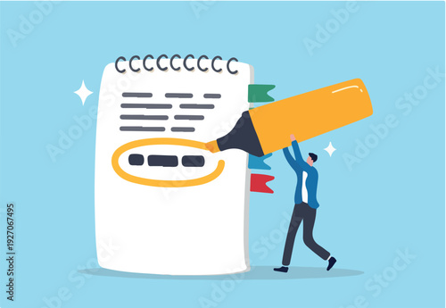 Highlight important note, serious essential word in highlight circle or underline, marked critical, vital or significant, spotlight attention concept, businessman highlight pen circle important note.