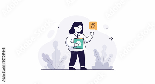 A stylized person in professional attire holds a folder with a pie chart, with a chat bubble above their head