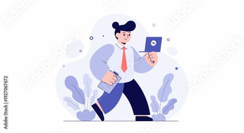 A person in professional attire walks with a laptop and clipboard amidst stylized foliage and abstract shapes