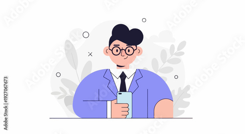 Stylized person in a suit holding a mobile phone, with abstract plant elements in background