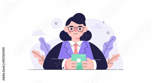 A smiling woman in glasses and a suit holds a phone