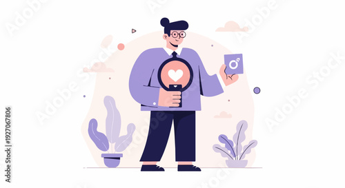 Man with magnifying glass focused on a heart, holding a gender symbol