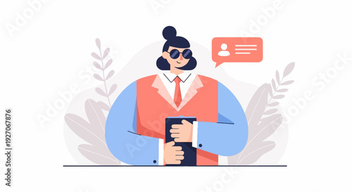 Woman in suit and sunglasses holds device, chat bubble above her head