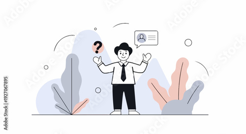 A person in business attire questions a profile image in a speech bubble
