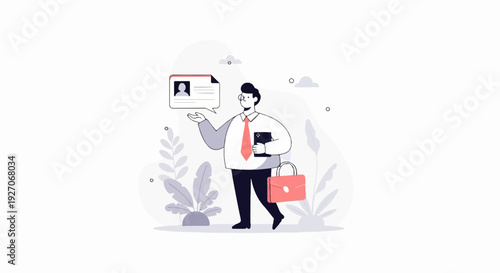Stylized businessman with portfolio and ID card, surrounded by abstract foliage and clouds