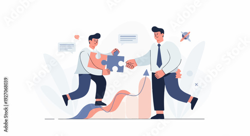 Two men collaborate, fitting puzzle pieces over a rising graph, symbolizing teamwork and progress