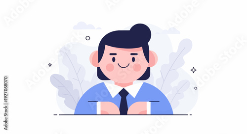 Cheerful cartoon figure with dark hair, pink cheeks, blue shirt, and tie
