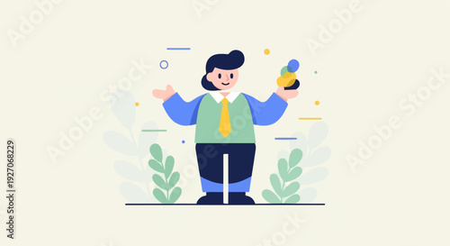 A stylized person in a suit, holding colorful coins, with abstract plants