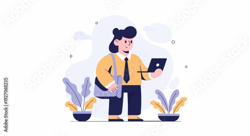 Person in yellow shirt and tie with laptop and bag, standing between potted plants, on white background