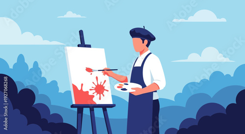 Artist Painting on Canvas with Brush.