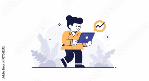 Animated person in orange shirt holding a laptop with a chart icon