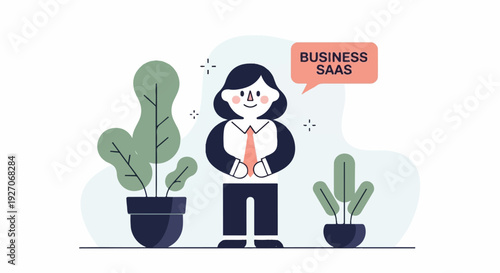 A stylized person in business attire stands between potted plants, with "BUSINESS SAAS" in a speech bubble