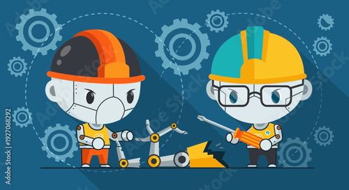Cartoon Characters in Hardhats Working Together.