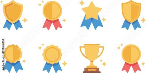 Gold award badges medals and trophy icons collection vector illustration winner achievement success recognition prize ribbon flat design set