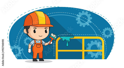 Cartoon Worker Fixing Yellow Pipe Fitting.