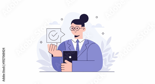 A person in a suit holds a tablet and a speech bubble with a checkmark