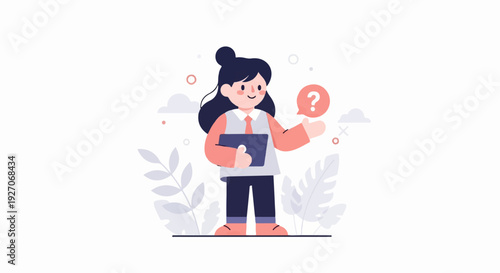 A stylized woman holds a tablet and has a question mark bubble above her hand