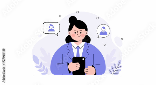 Woman in suit using phone, communicating with others, digital interaction