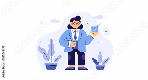 A person in a blue suit holds a phone and a card with a checkmark