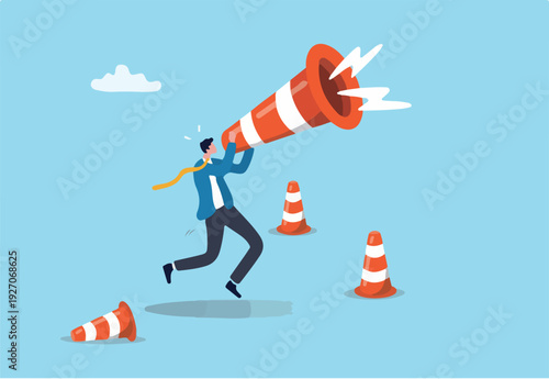 Communicate urgent message, warning or danger alert, broadcast announcement, attention or loudspeaker screaming advertising concept, businessman shouting loud voice message on big safety pylon.