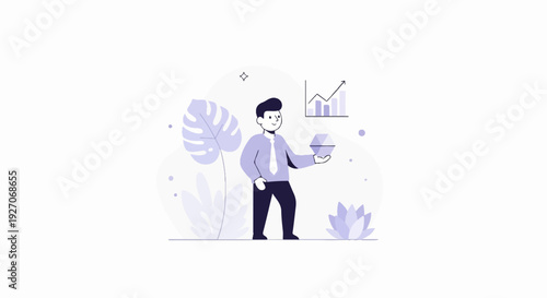 A businessman holds a faceted gem near a rising bar graph amidst stylized flora