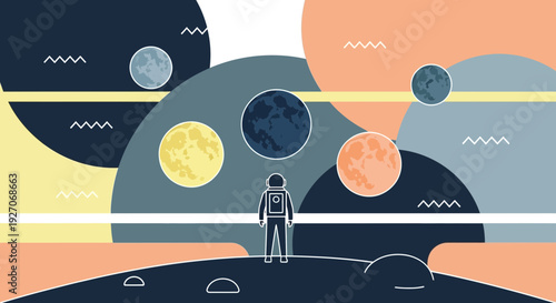 Man Standing on Planet with Moons.