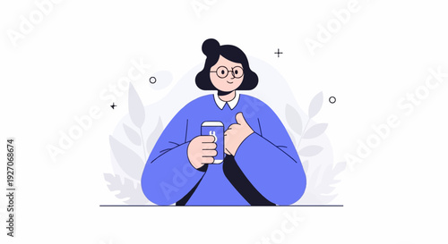 Cheerful person in blue holding a phone, giving a thumbs up
