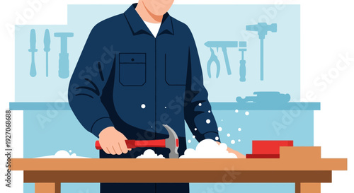 Man in Workshop Holding Hammer and Nails.