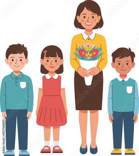 Happy teacher with students holding flowers vector illustration school kids and female teacher smiling together education classroom friendship celebration concept design