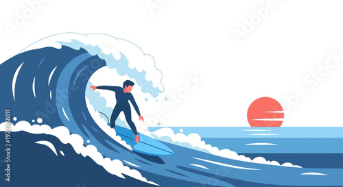 Surfer Riding Wave at Sunset.