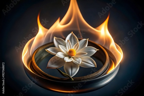 White lotus flower with yellow center inside metallic ring surrounded by vivid flame on dark background, striking contrast symbolizing purity and transformation